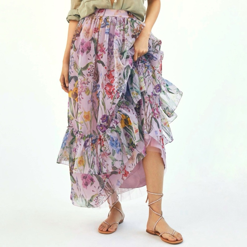 ANTHROPOLOGIE GEISHA DESIGNS PURPLE FLORAL PRINT RUFFLE TRIM MAXI SKIRT